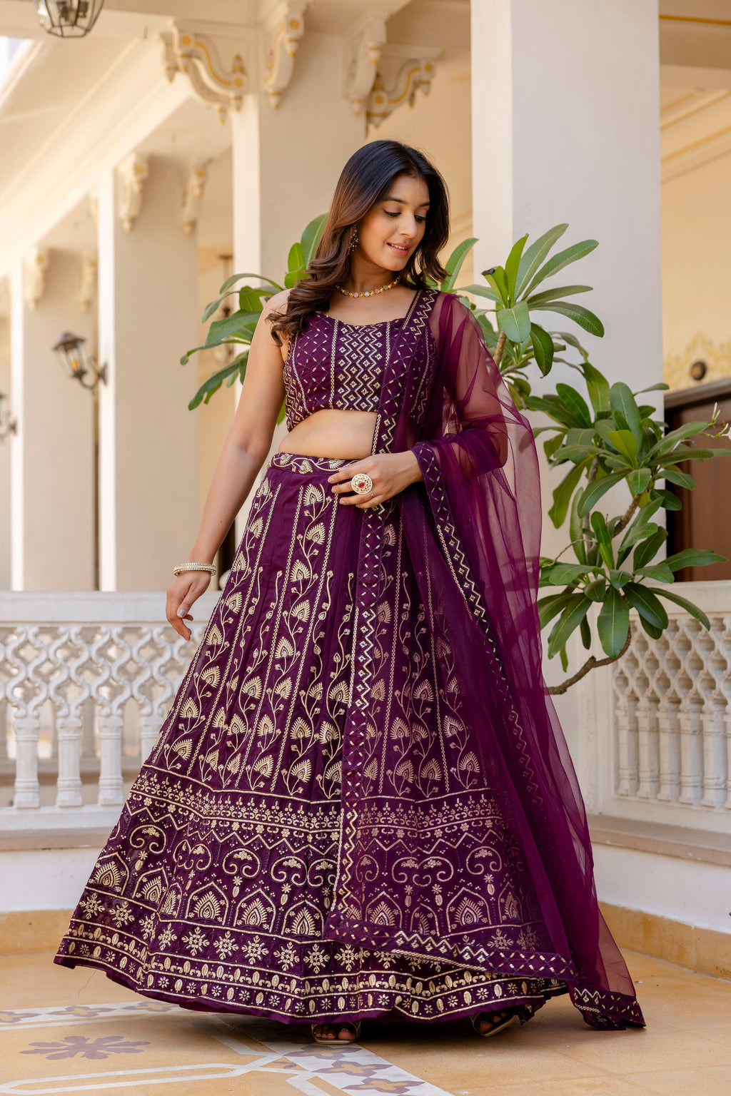 Wine Georgette Sequins Embroidered Lehenga Choli Set - ETHNICDEAL