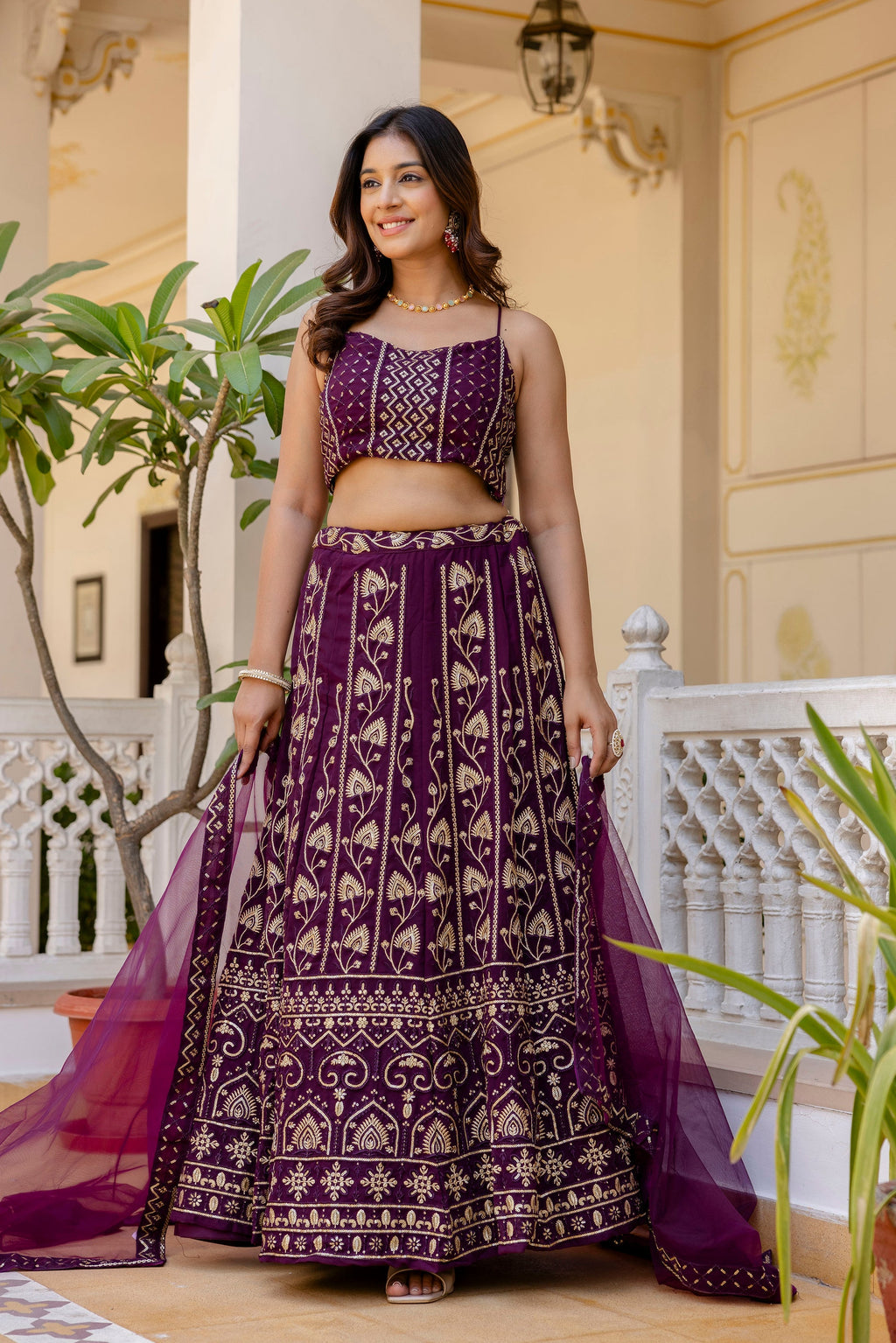 Wine Georgette Sequins Embroidered Lehenga Choli Set - ETHNICDEAL