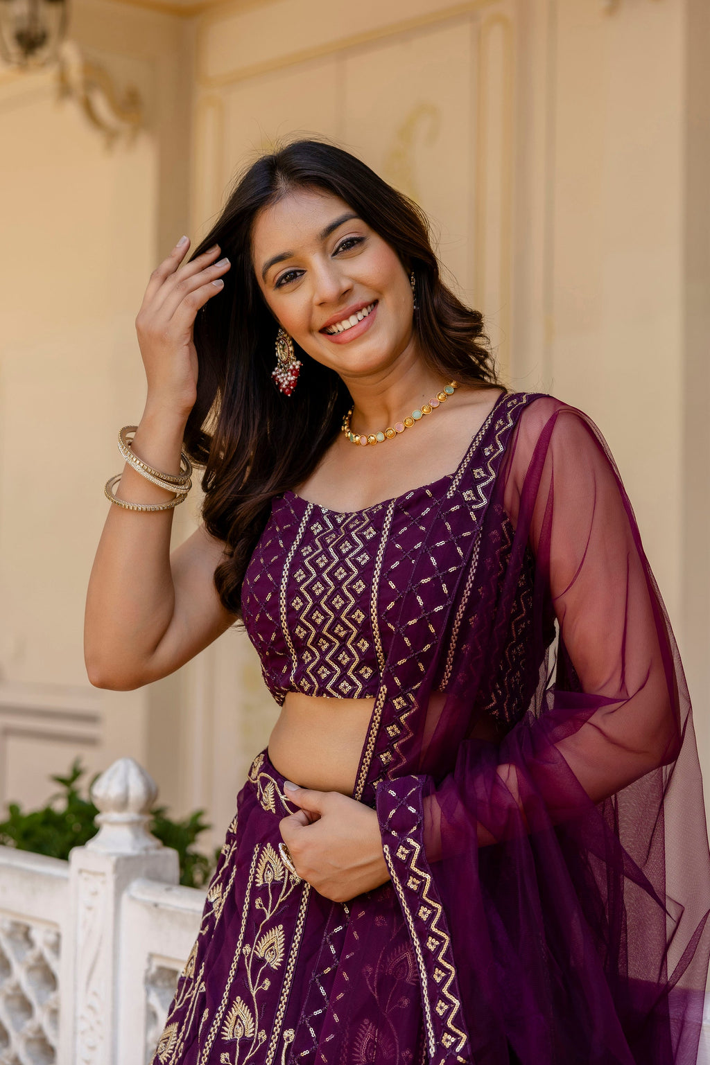 Wine Georgette Sequins Embroidered Lehenga Choli Set - ETHNICDEAL