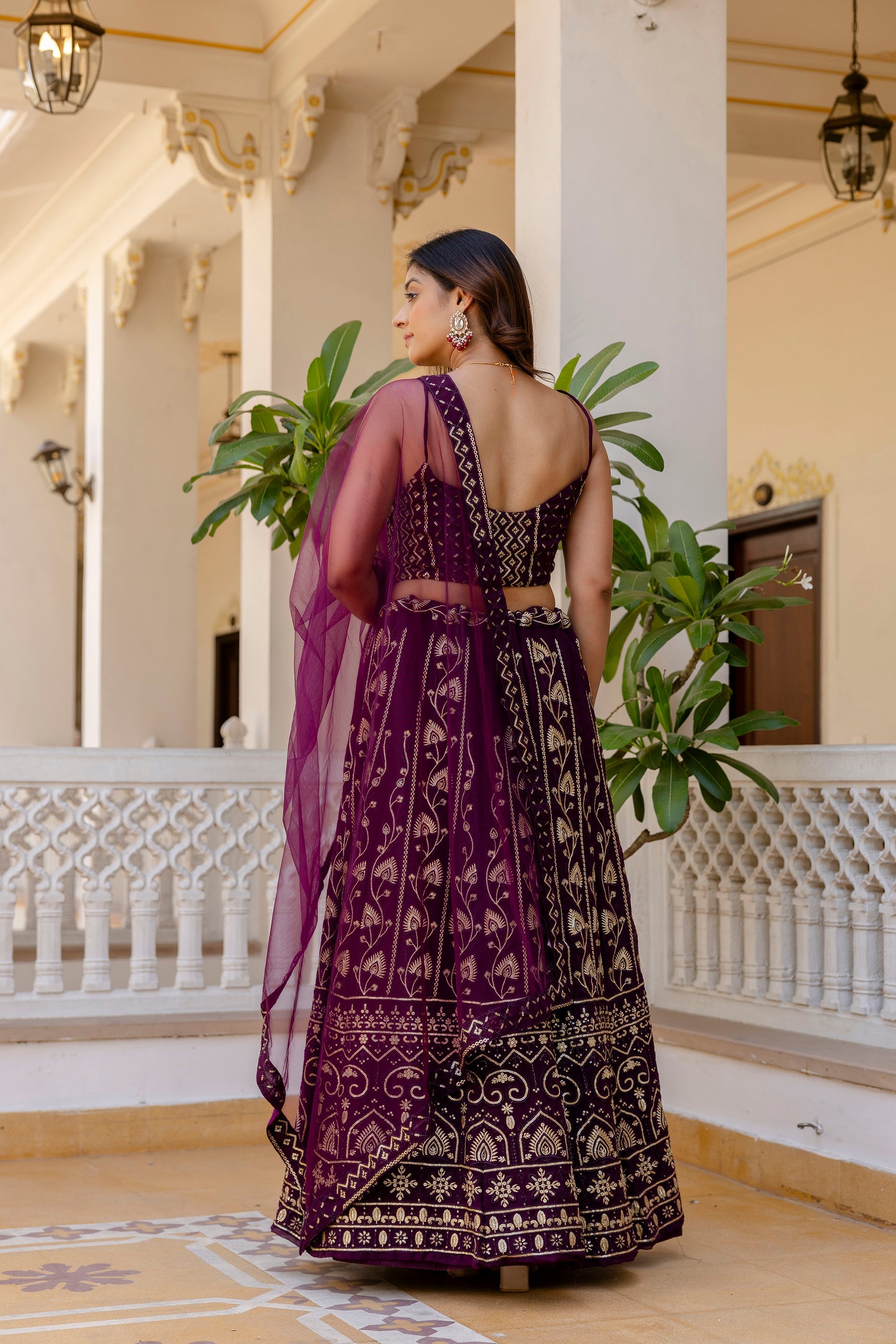 Wine Georgette Sequins Embroidered Lehenga Choli Set - ETHNICDEAL