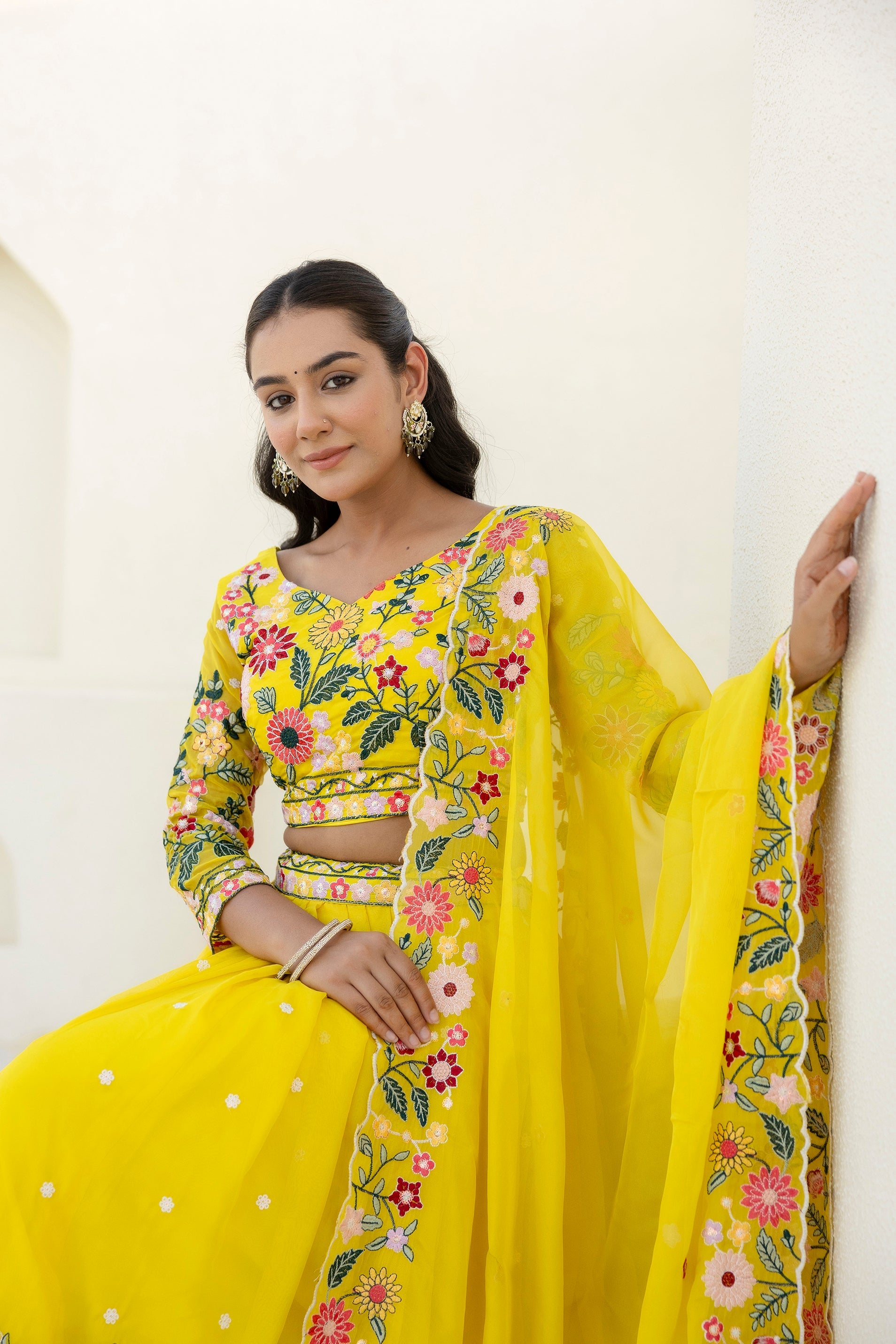 Yellow Floral Sequins Thread Embroidered Lehenga Choli - ETHNICDEAL