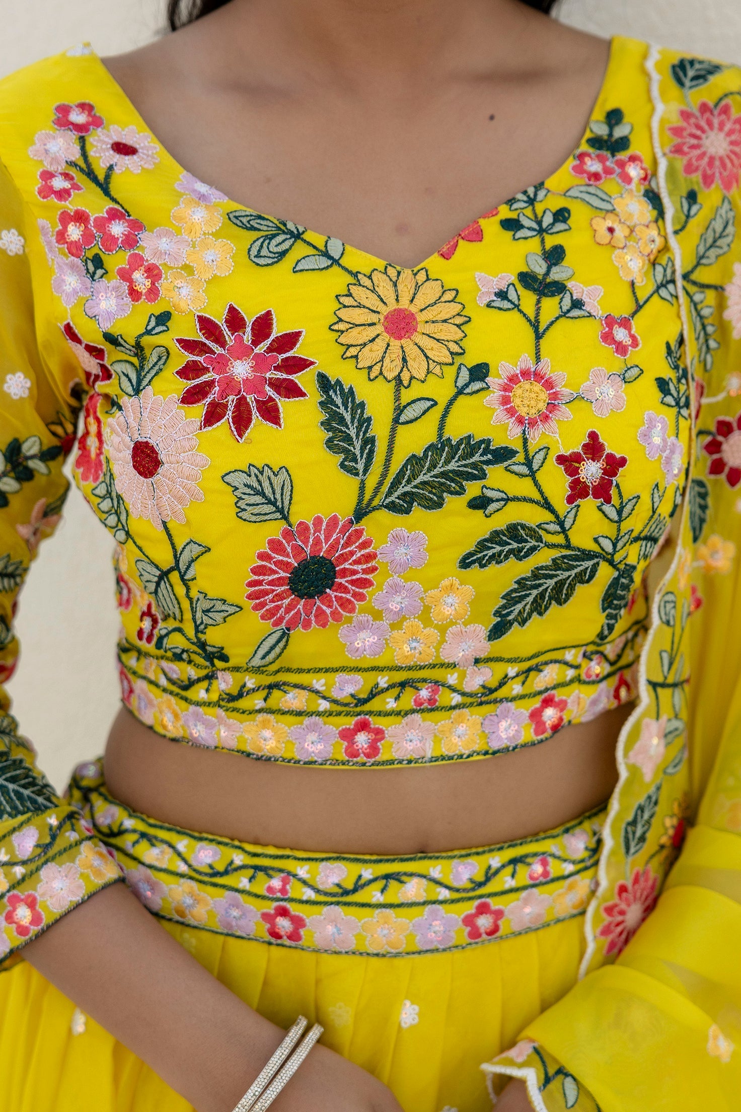 Yellow Floral Sequins Thread Embroidered Lehenga Choli - ETHNICDEAL