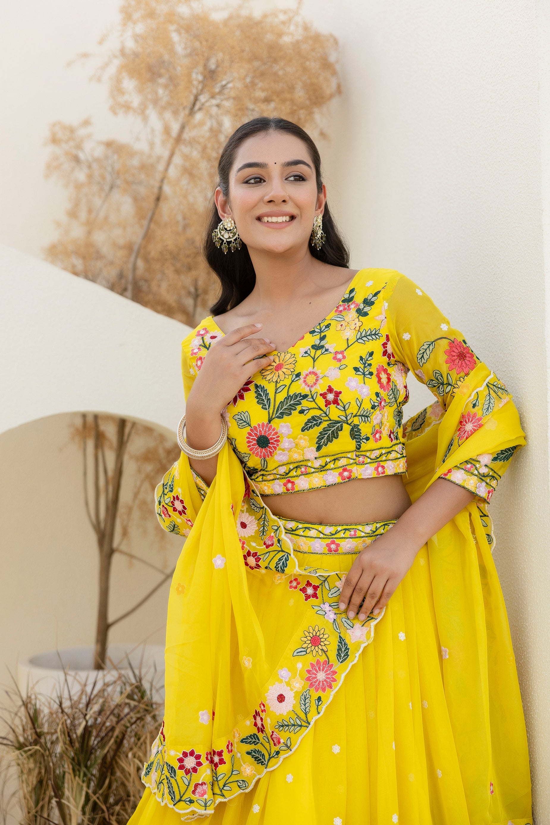 Yellow Floral Sequins Thread Embroidered Lehenga Choli - ETHNICDEAL