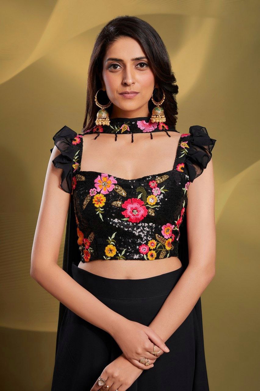 Elegant Black Georgette Lehenga Set - Fully Stitched & Ready to Wear - ETHNICDEAL