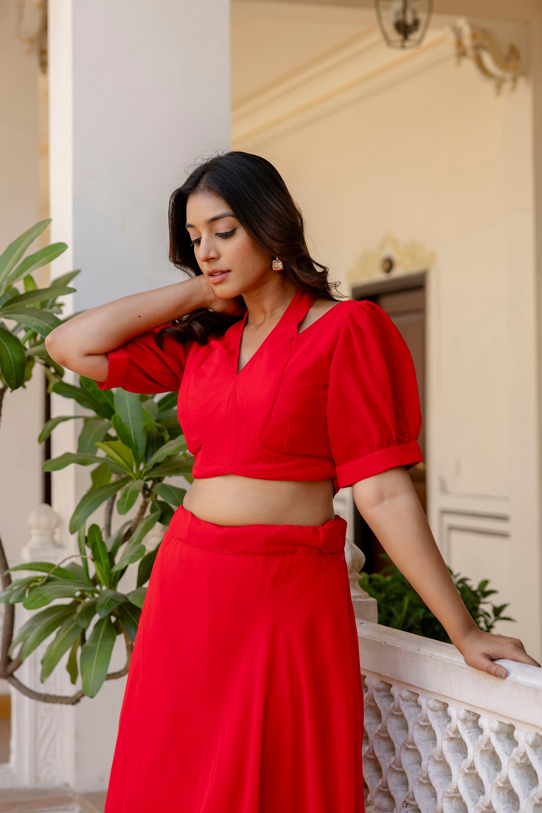 Red Fancy Neck & Back Pattern Fully Stitched Red Georgette Lehenga Choli - ETHNICDEAL