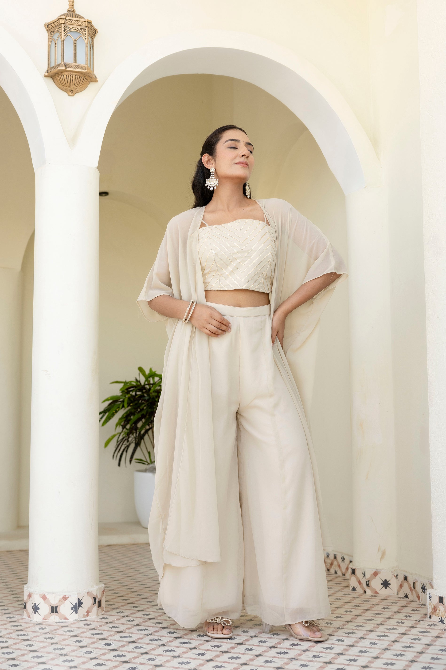 Appealing Cream Georgette Gota Patti Worked Top Palazzo Shrug Set - ETHNICDEAL