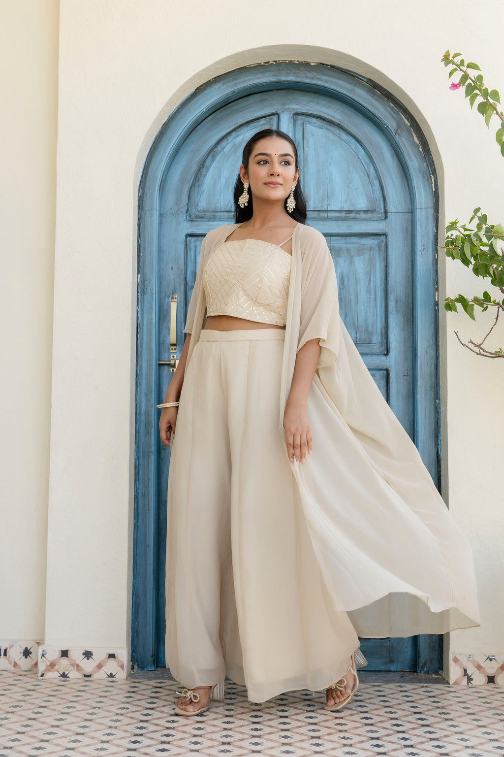 Appealing Cream Georgette Gota Patti Worked Top Palazzo Shrug Set - ETHNICDEAL