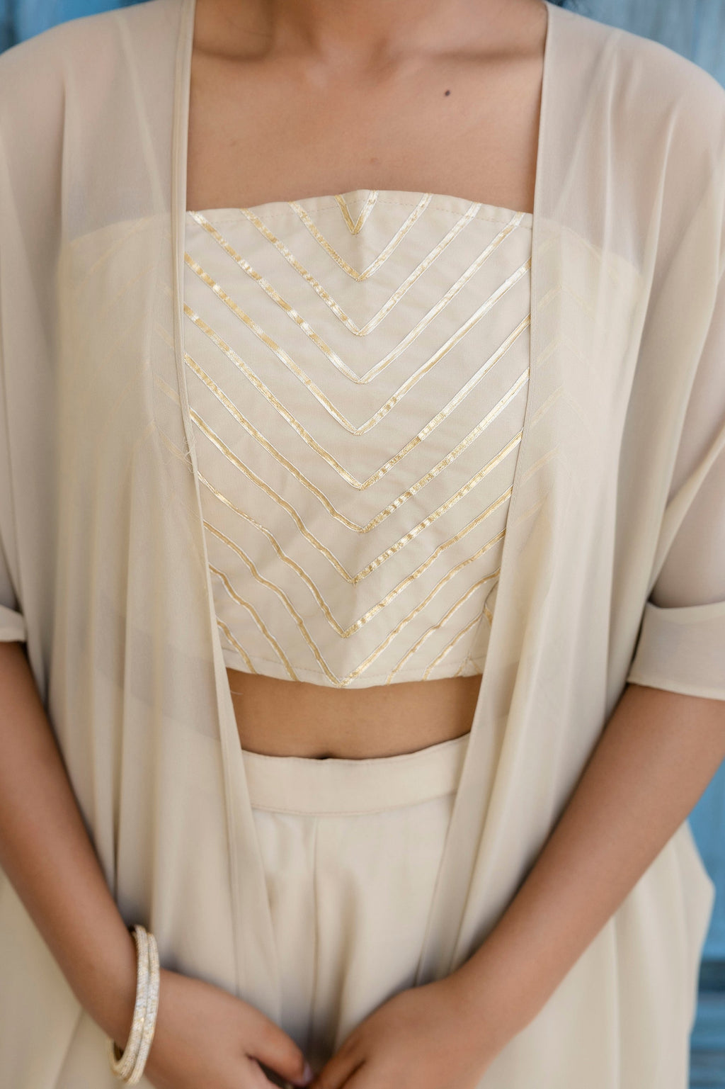 Appealing Cream Georgette Gota Patti Worked Top Palazzo Shrug Set - ETHNICDEAL