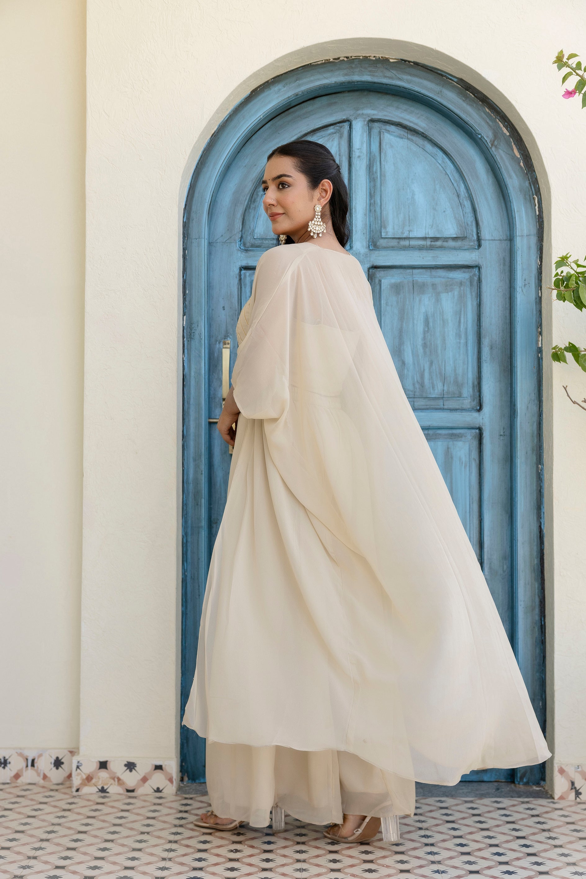 Appealing Cream Georgette Gota Patti Worked Top Palazzo Shrug Set - ETHNICDEAL