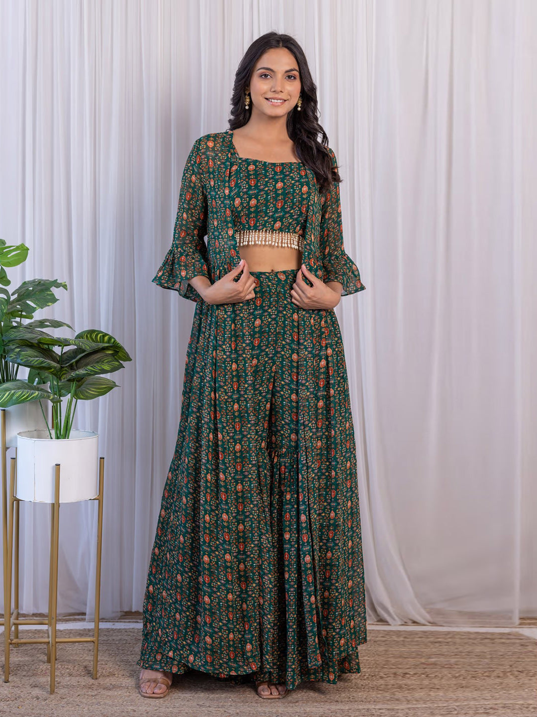 Elegant Green Georgette Top Sharara Suit With Jacket - ETHNICDEAL