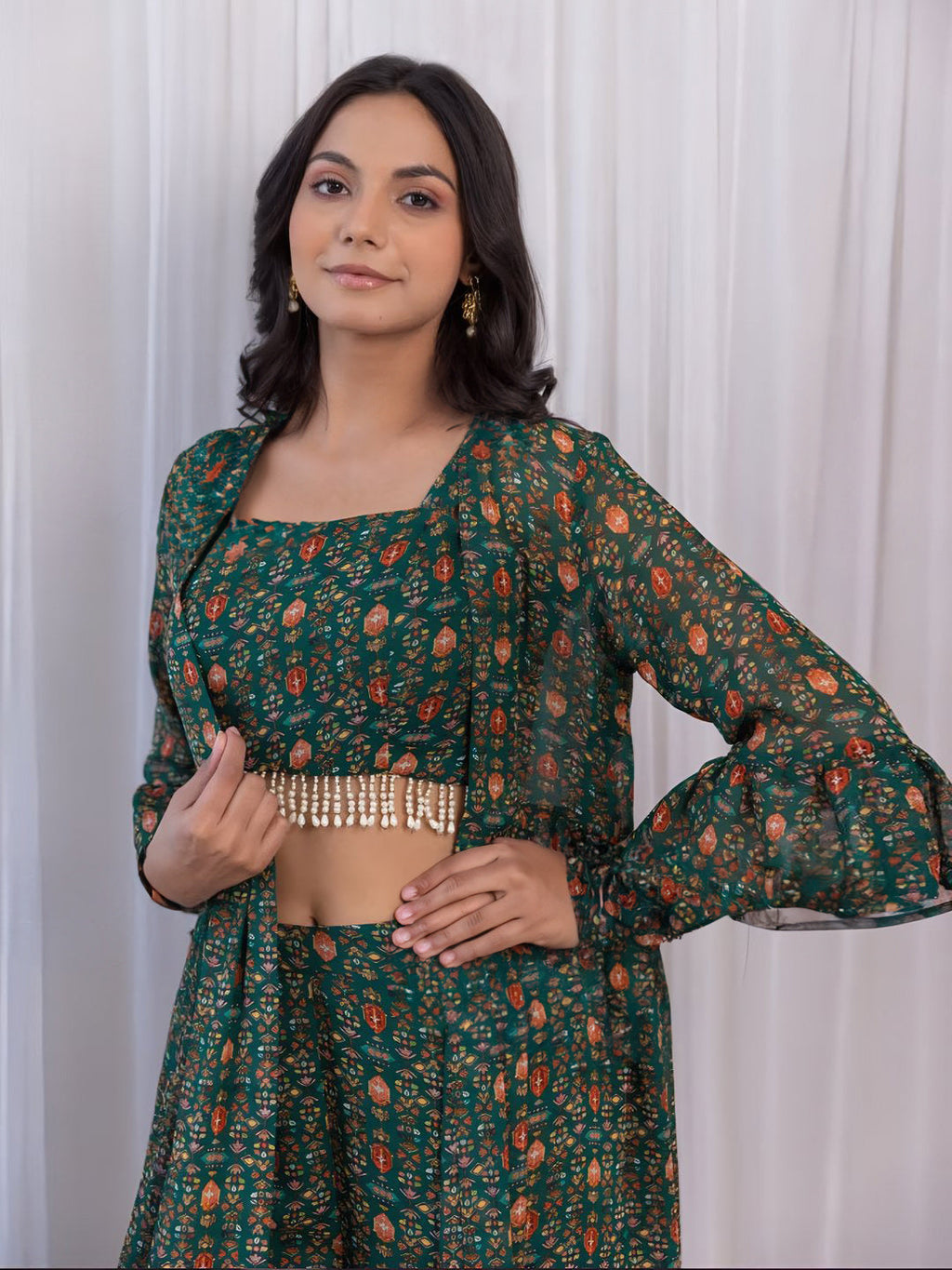 Elegant Green Georgette Top Sharara Suit With Jacket - ETHNICDEAL