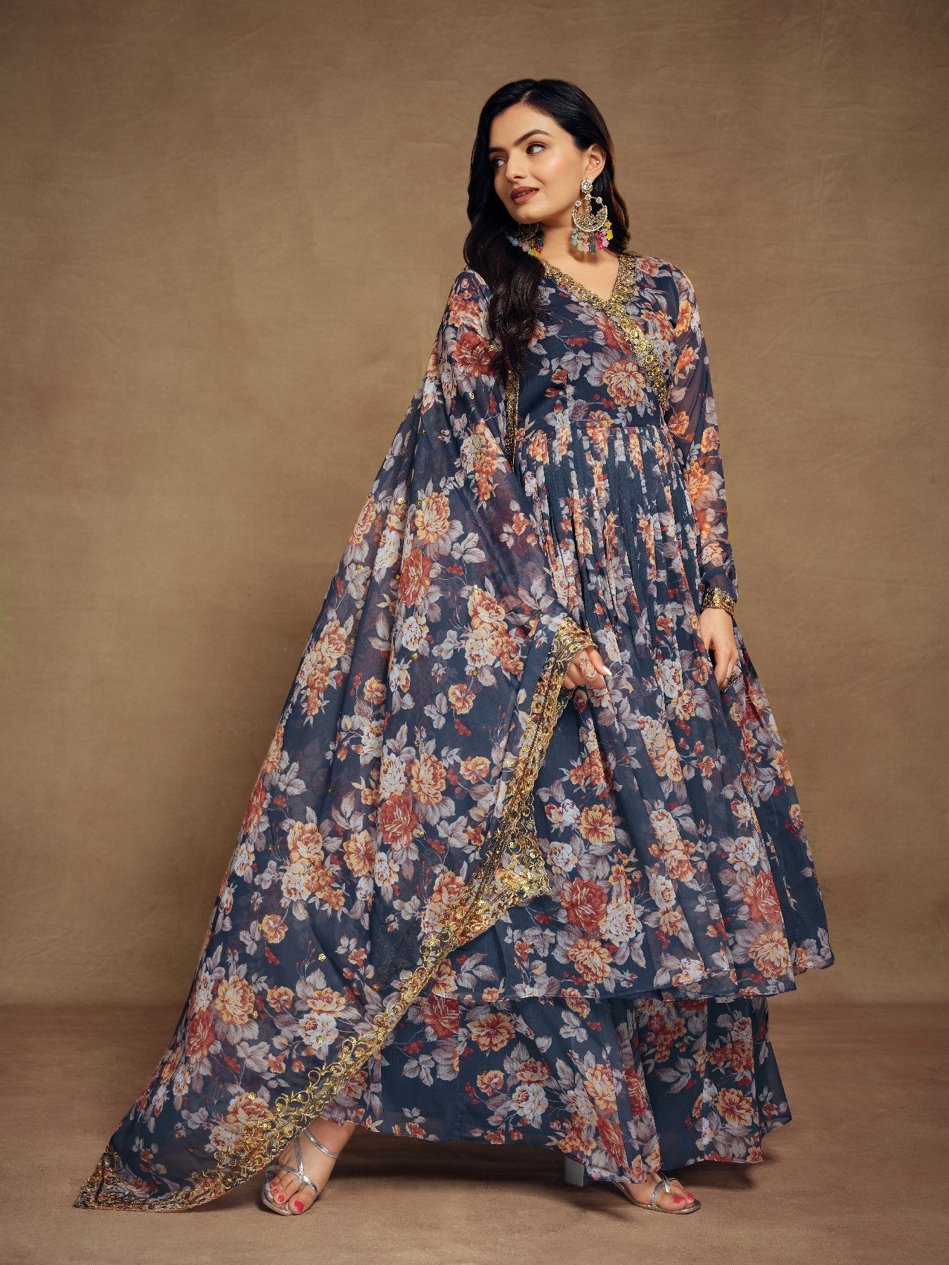 Elegant Navy Blue Zari Embroidered Floral Chiffon Top Palazzo Suit - ETHNICDEAL
