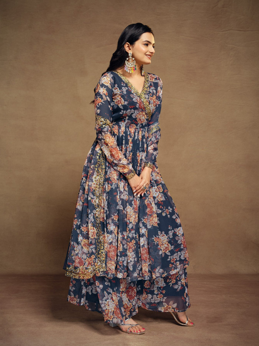 Elegant Navy Blue Zari Embroidered Floral Chiffon Top Palazzo Suit - ETHNICDEAL
