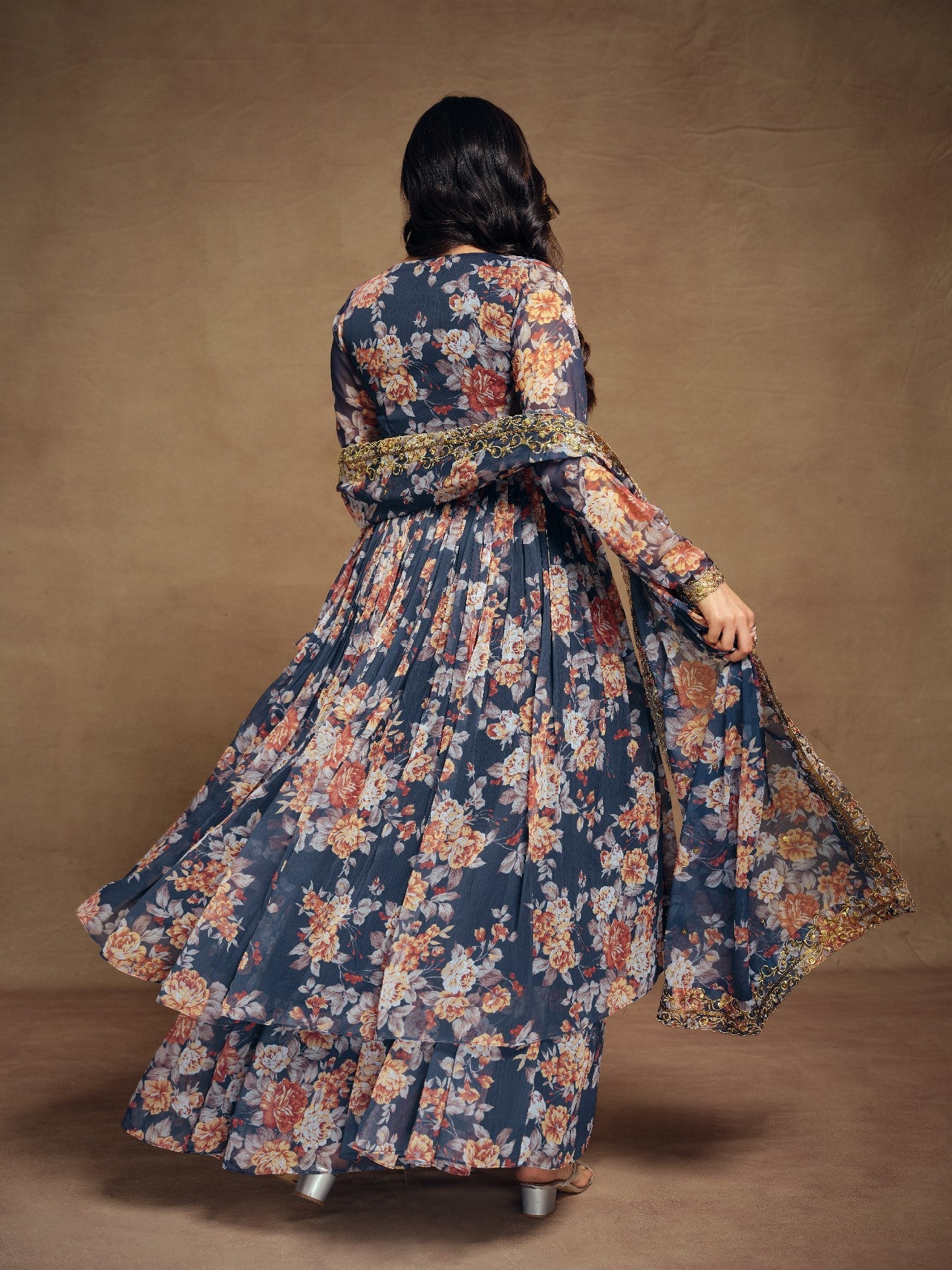 Elegant Navy Blue Zari Embroidered Floral Chiffon Top Palazzo Suit - ETHNICDEAL