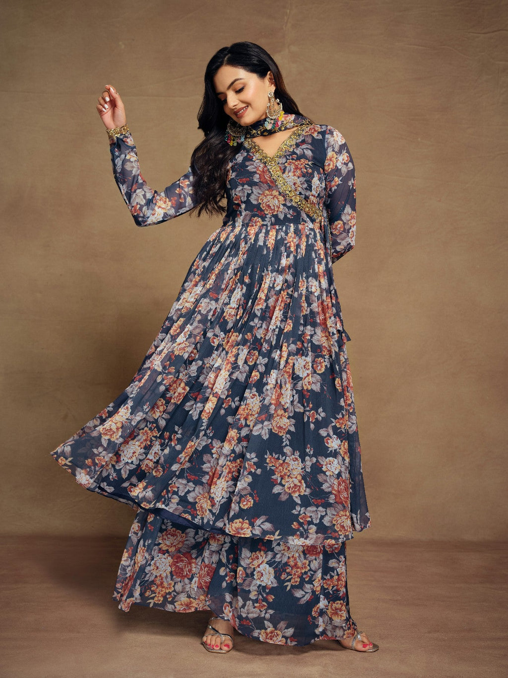 Elegant Navy Blue Zari Embroidered Floral Chiffon Top Palazzo Suit - ETHNICDEAL