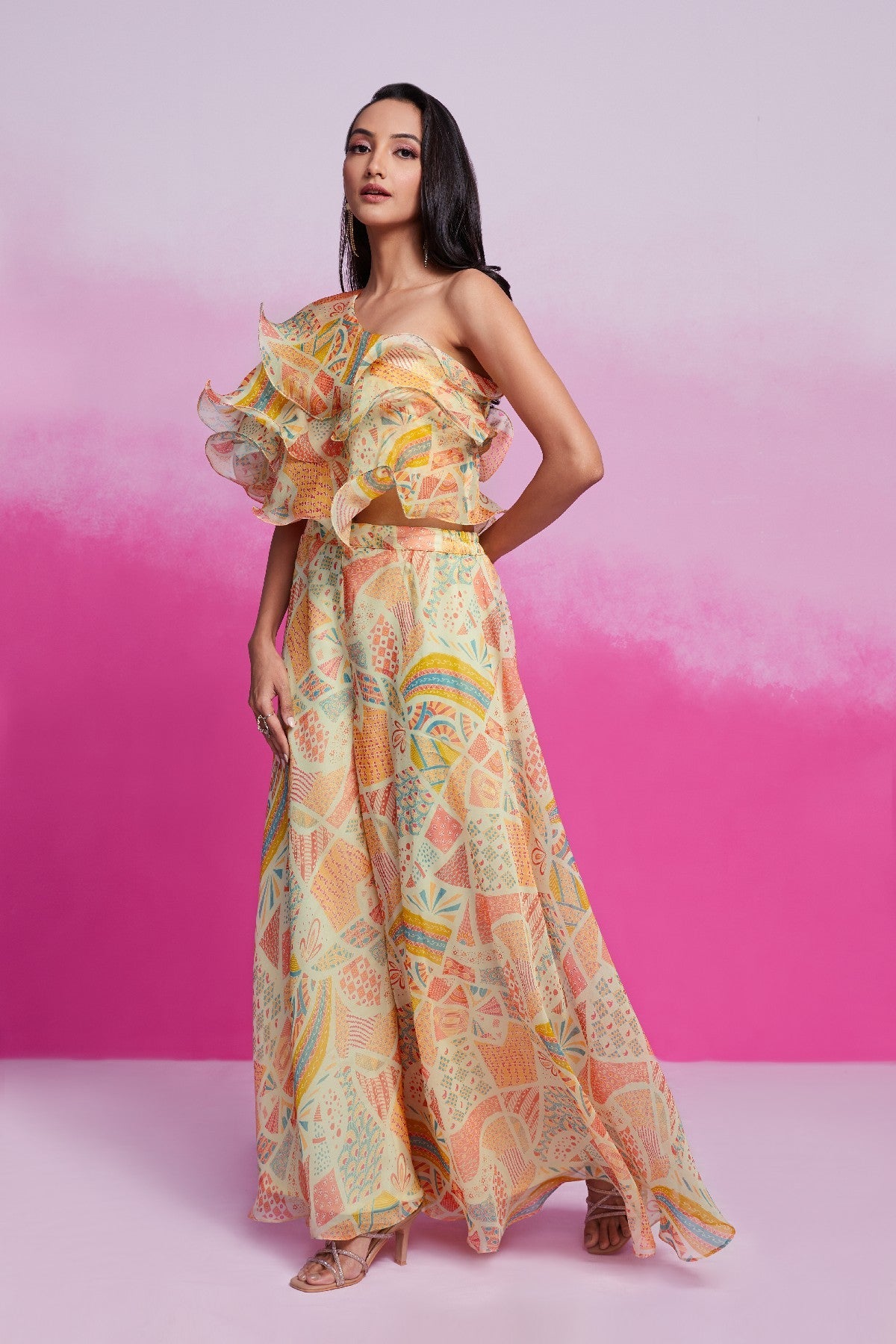 Graceful Elegance Cream Organza Top Palazzo Set - ETHNICDEAL