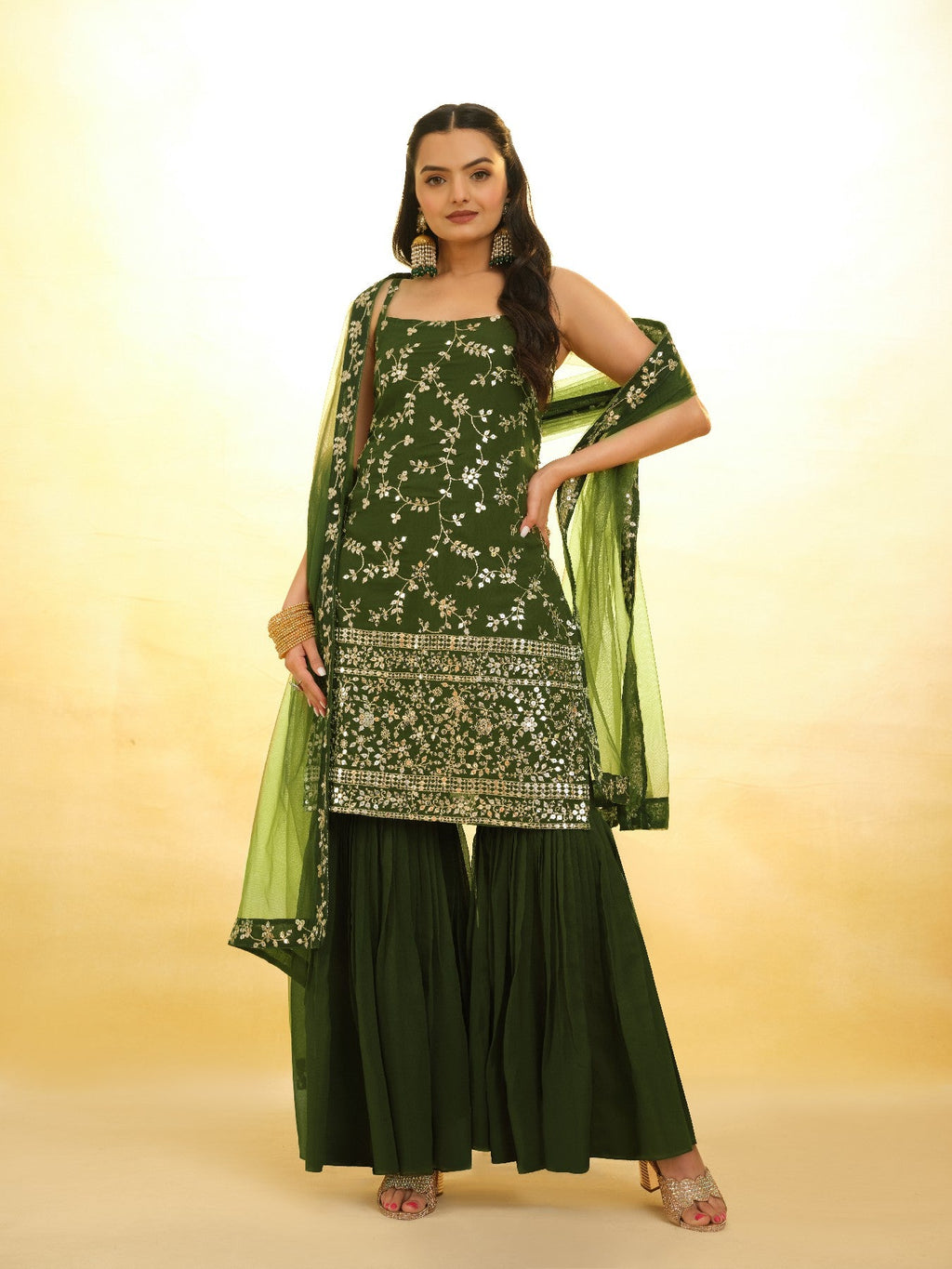 Green Graceful Georgette Sequins Worked Top Sharara Suit - ETHNICDEAL