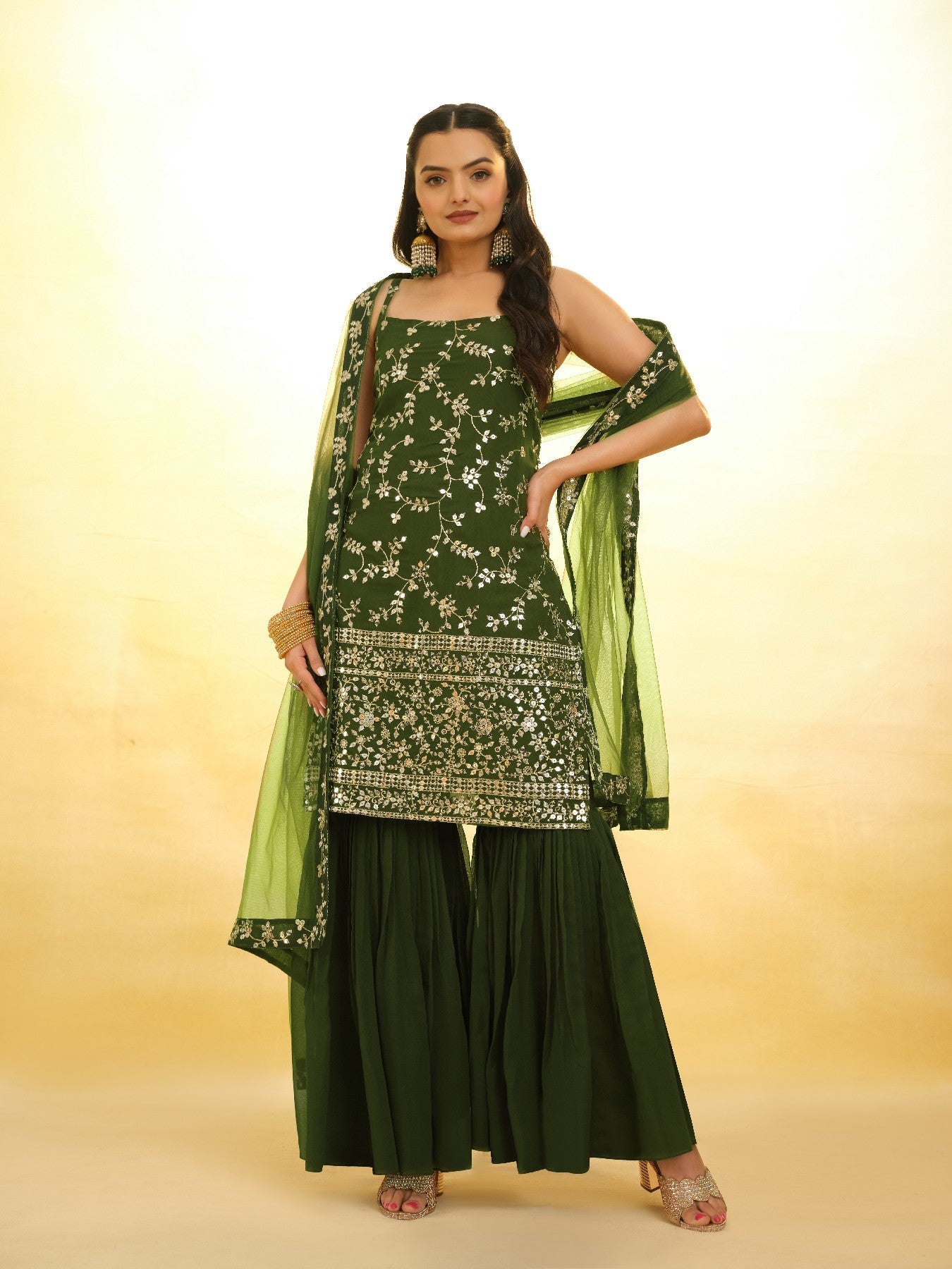 Green Graceful Georgette Sequins Worked Top Sharara Suit - ETHNICDEAL