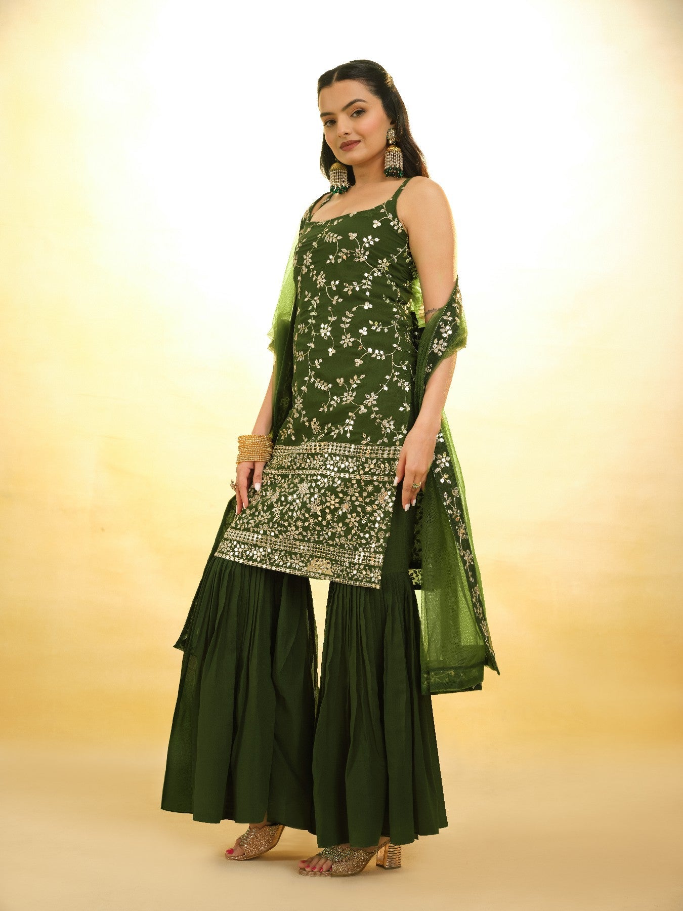Green Graceful Georgette Sequins Worked Top Sharara Suit - ETHNICDEAL