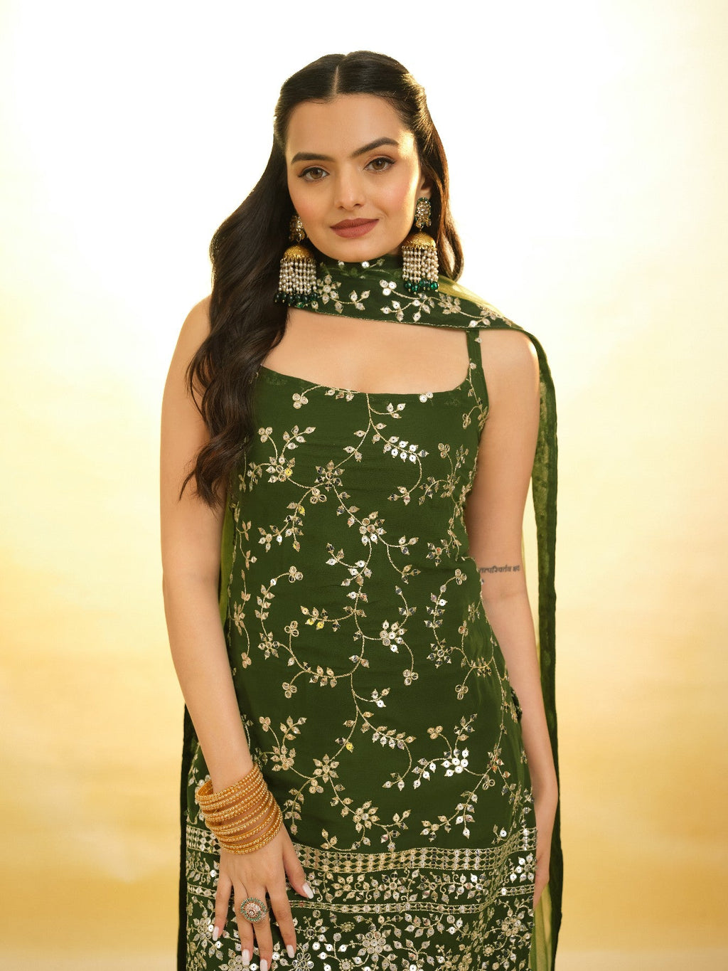 Green Graceful Georgette Sequins Worked Top Sharara Suit - ETHNICDEAL