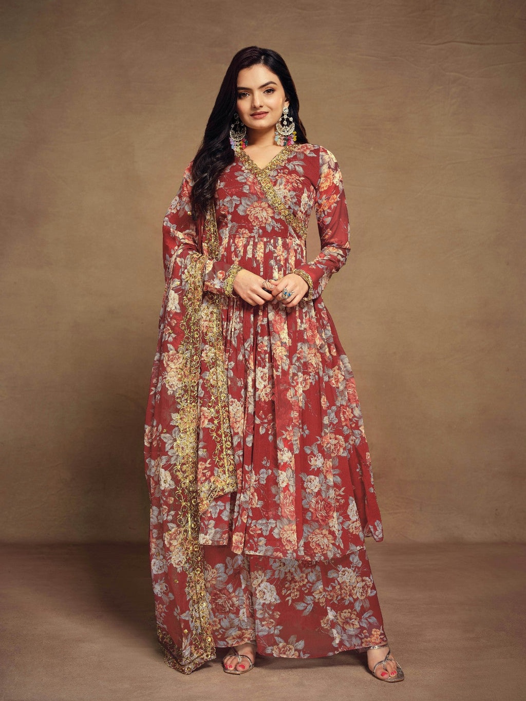Maroon Zari Embroidered Floral Printed Chiffon Top Palazzo Suit - ETHNICDEAL