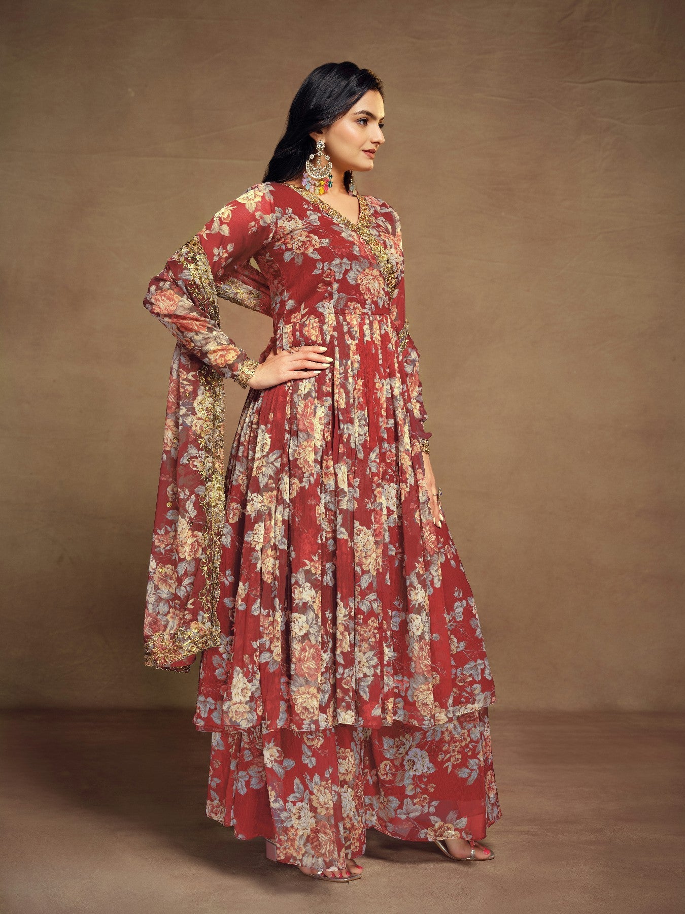 Maroon Zari Embroidered Floral Printed Chiffon Top Palazzo Suit - ETHNICDEAL