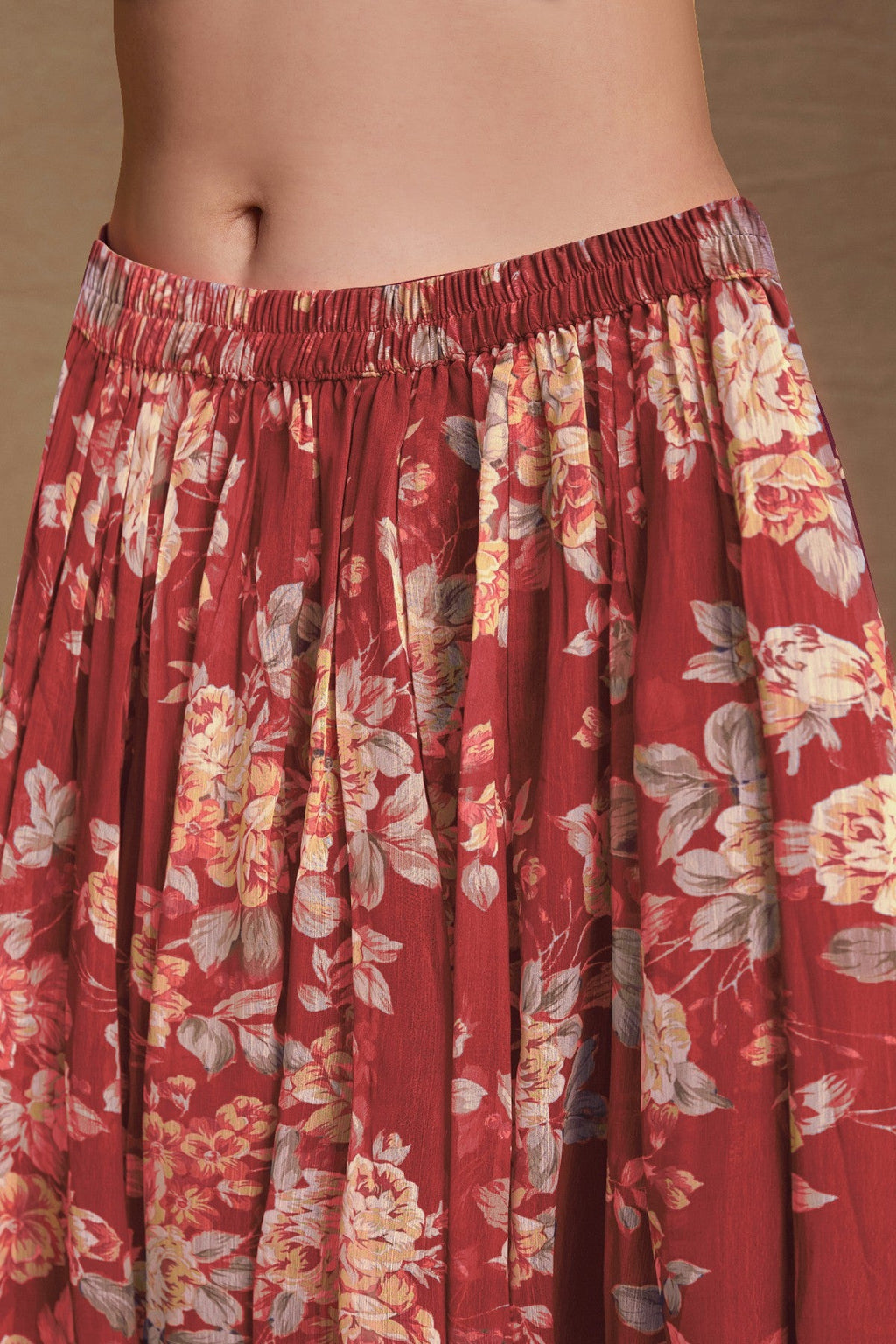 Maroon Zari Embroidered Floral Printed Chiffon Top Palazzo Suit - ETHNICDEAL