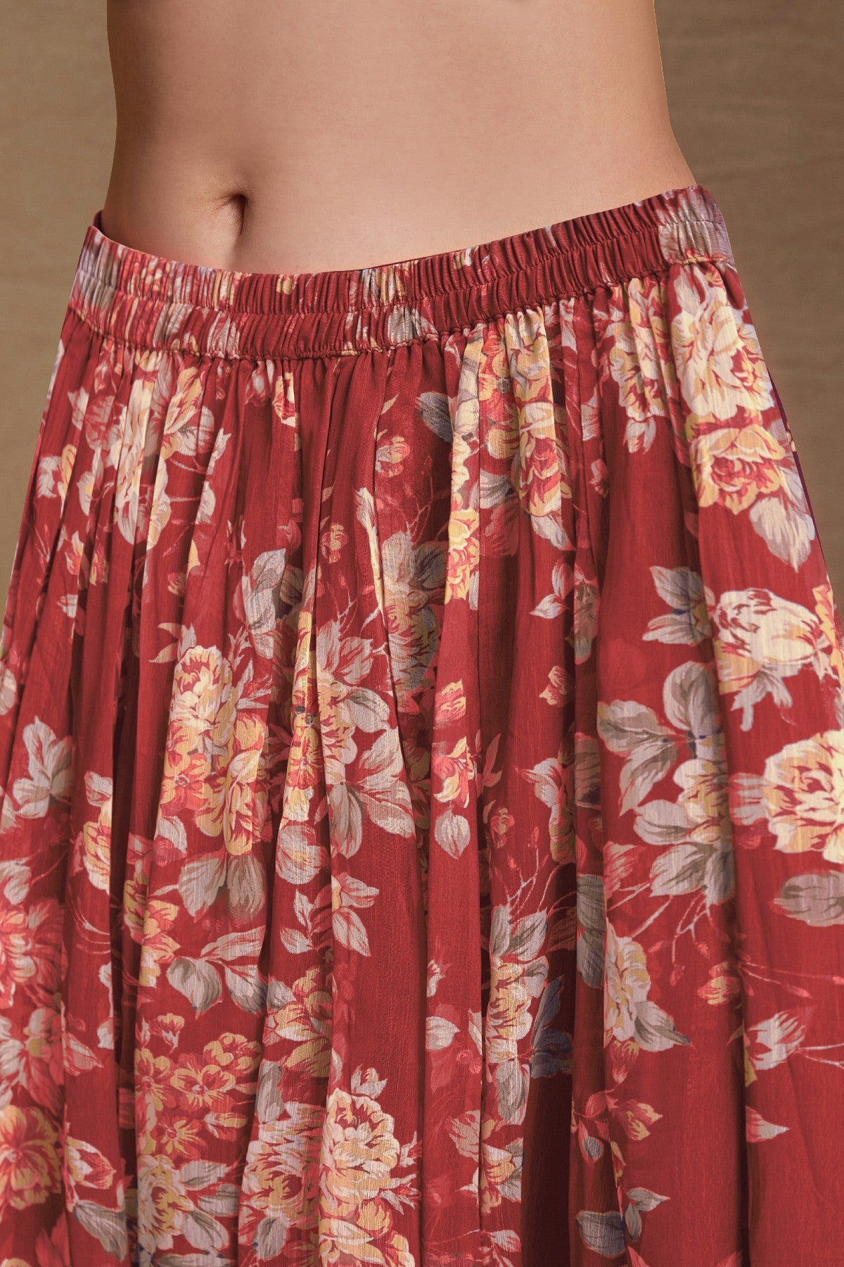 Maroon Zari Embroidered Floral Printed Chiffon Top Palazzo Suit - ETHNICDEAL