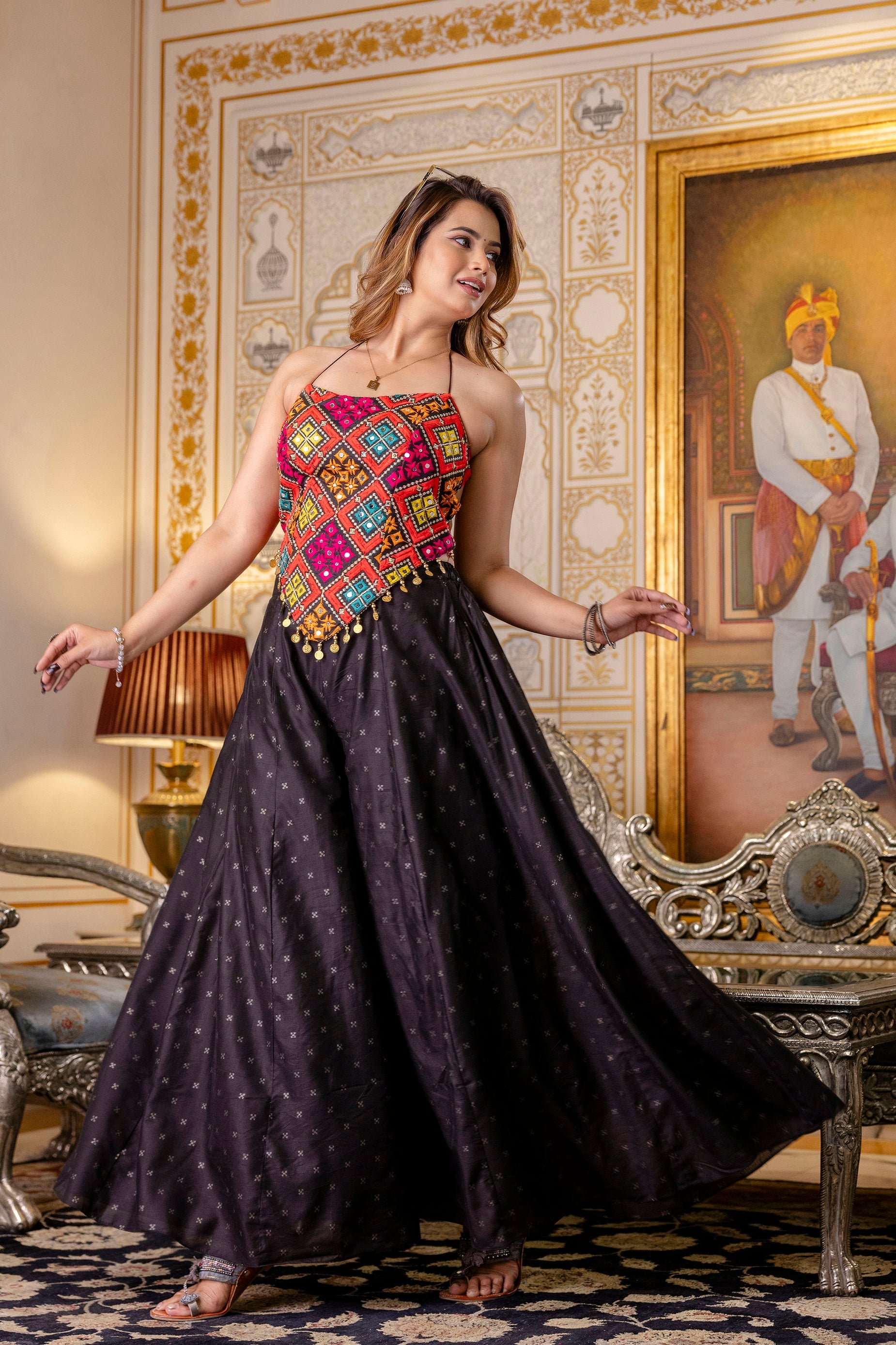 Stylish Black Embroidered Top & Pure Butti Flairy Palazzo Set - ETHNICDEAL