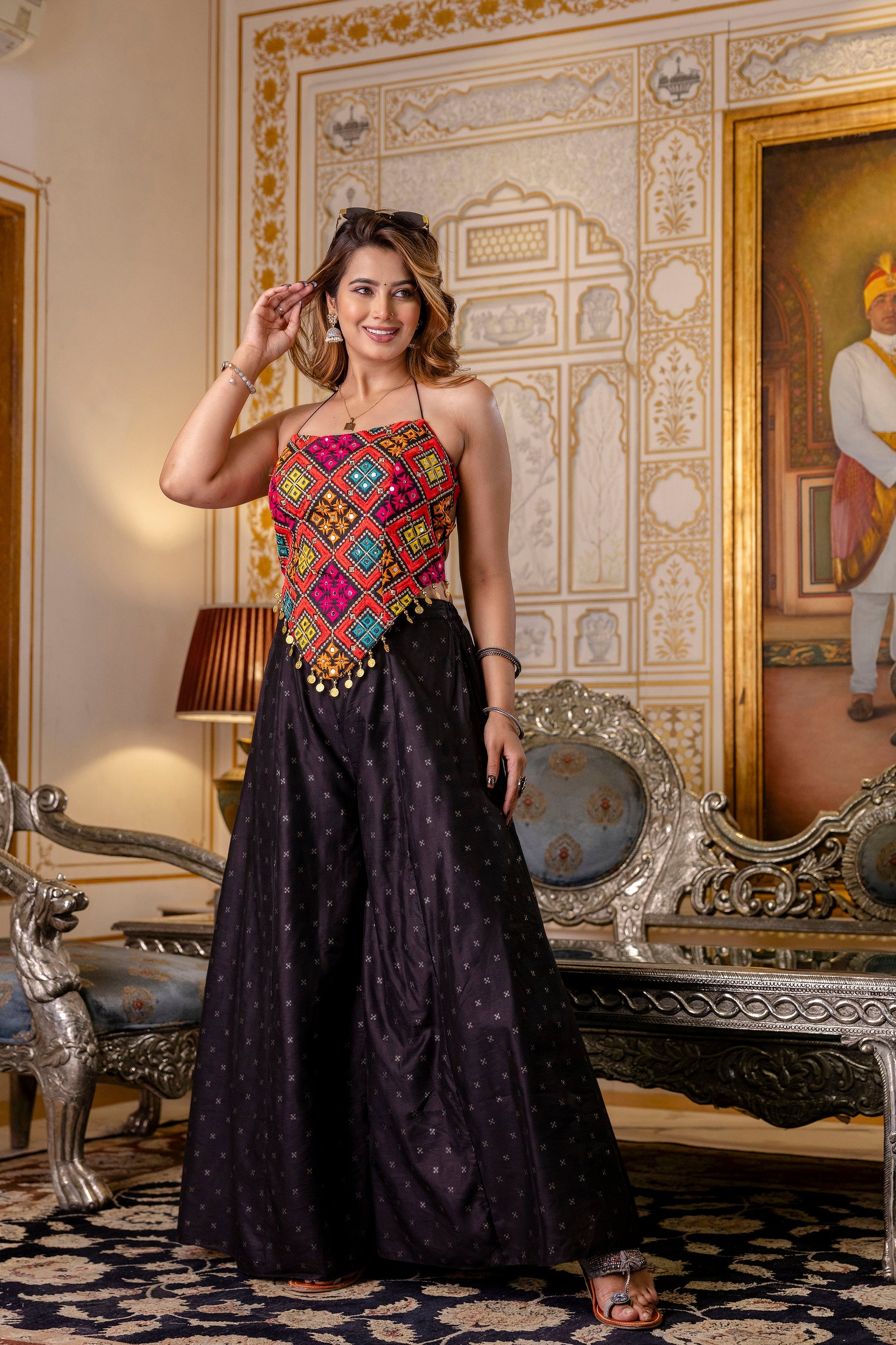 Stylish Black Embroidered Top & Pure Butti Flairy Palazzo Set - ETHNICDEAL