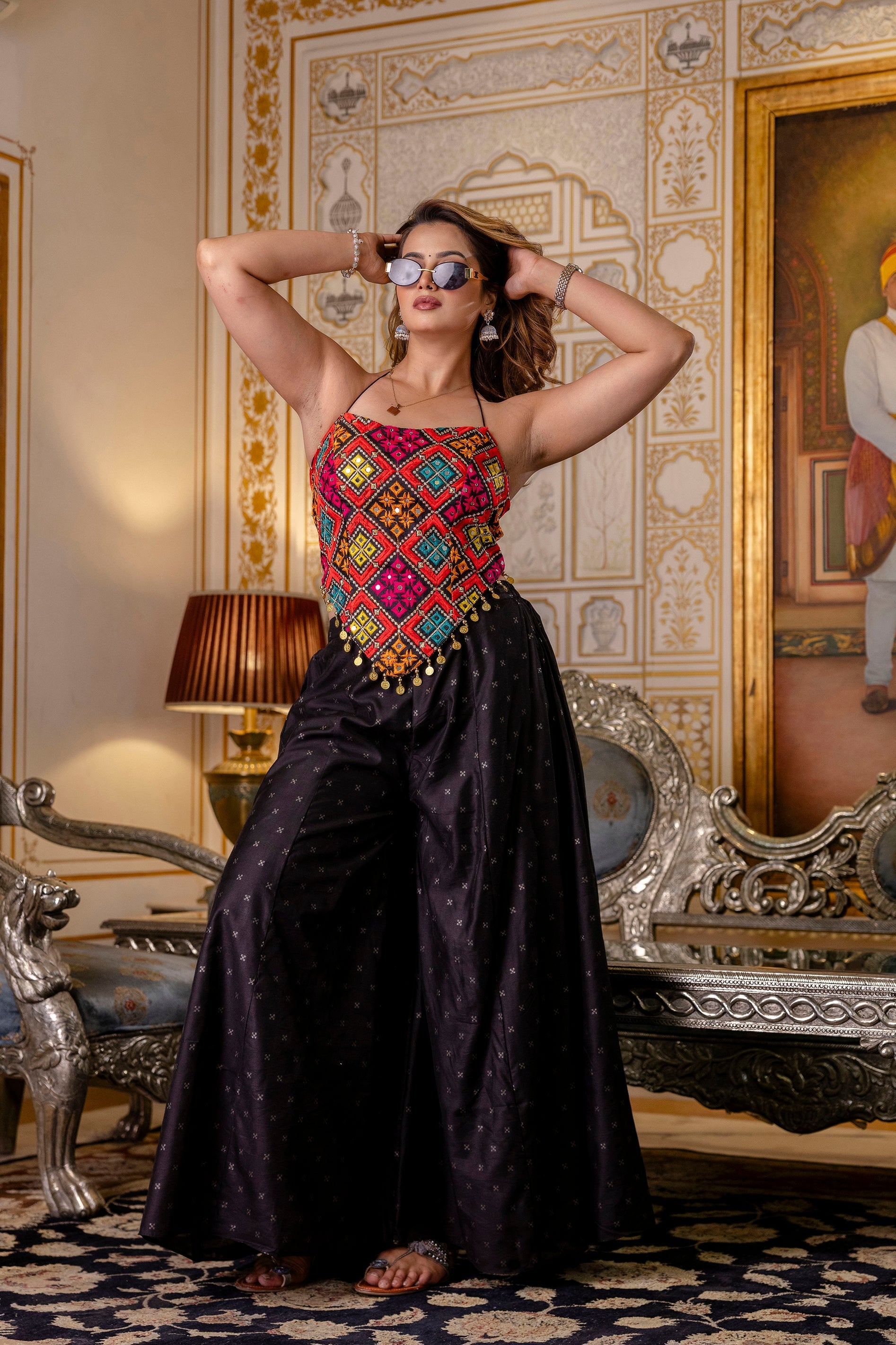 Stylish Black Embroidered Top & Pure Butti Flairy Palazzo Set - ETHNICDEAL