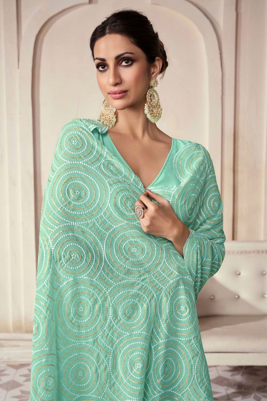 Aqua Georgette Saree With Elegant Embroidery Work - ETHNICDEAL