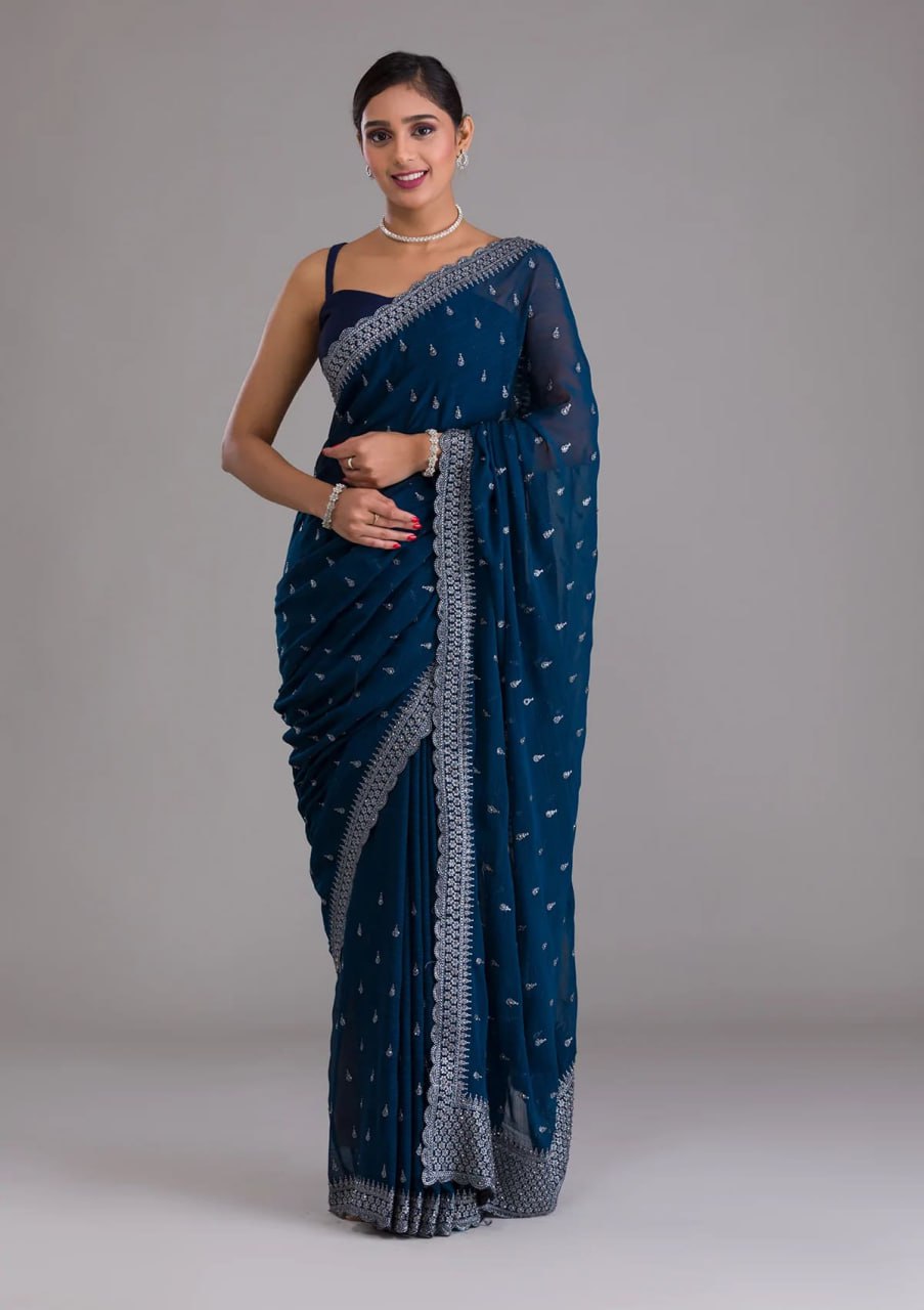 Elegant Blue Chinon Chiffon Saree With Intricate Embroidery - ETHNICDEAL