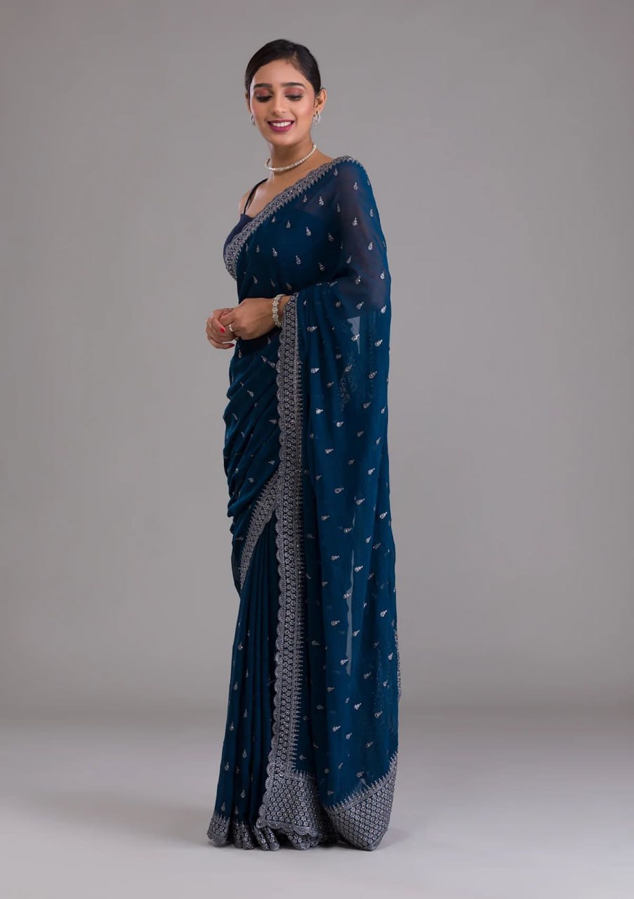 Elegant Blue Chinon Chiffon Saree With Intricate Embroidery - ETHNICDEAL