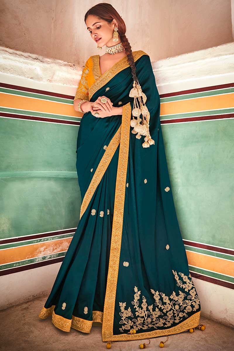 Elegant in Rama Green – Art Silk Saree with Sequins & Dori Work - ETHNICDEAL