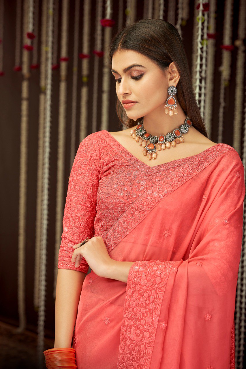 Grace in Peach Pink – Georgette Saree with Thread & Sequins Work - ETHNICDEAL