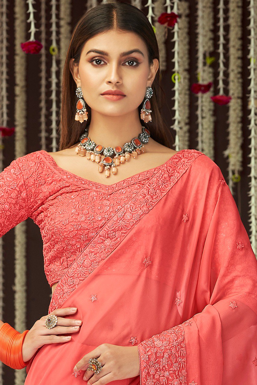 Grace in Peach Pink – Georgette Saree with Thread & Sequins Work - ETHNICDEAL