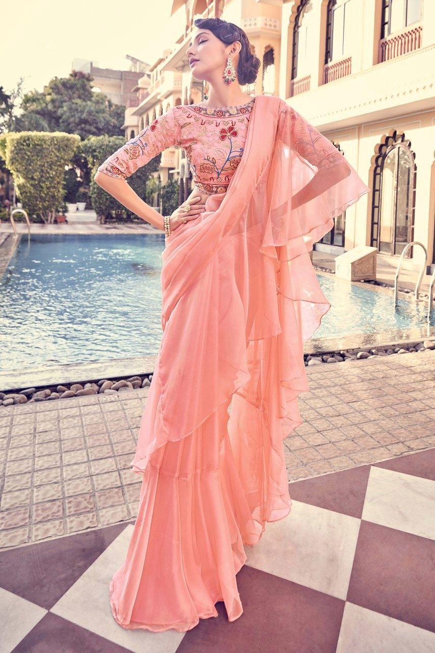 Graceful Peach Pink Organza Saree With Elegant Embroidery - ETHNICDEAL
