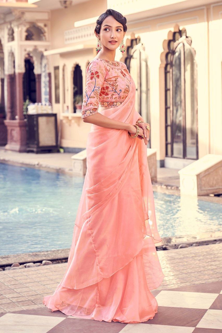 Graceful Peach Pink Organza Saree With Elegant Embroidery - ETHNICDEAL