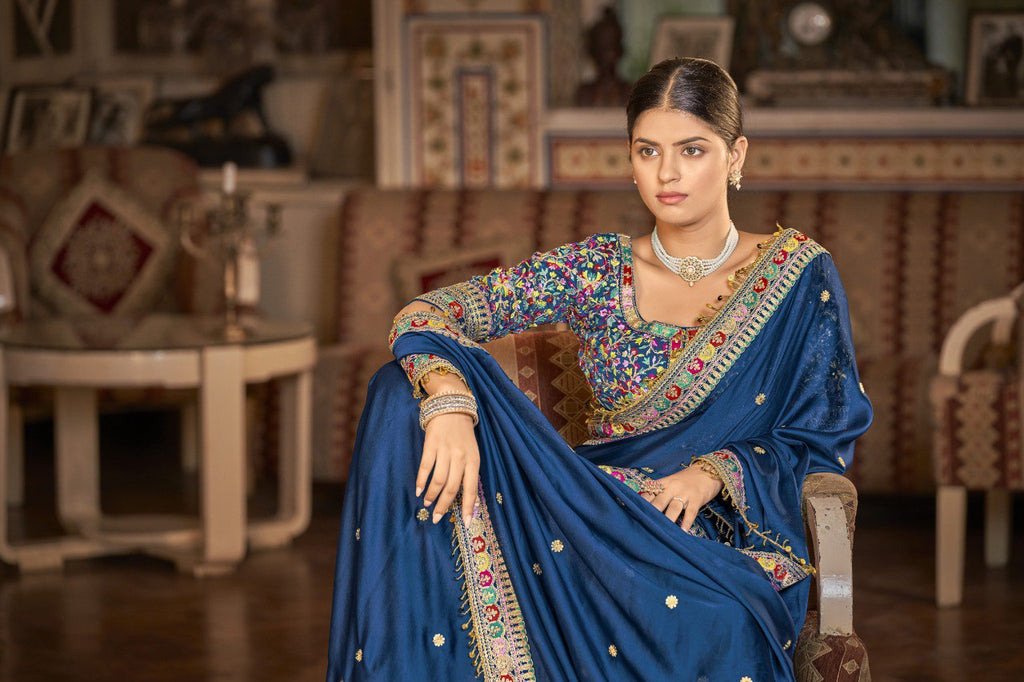 Navy Blue Georgette Saree with Resham, Zari & Sequins Work - ETHNICDEAL