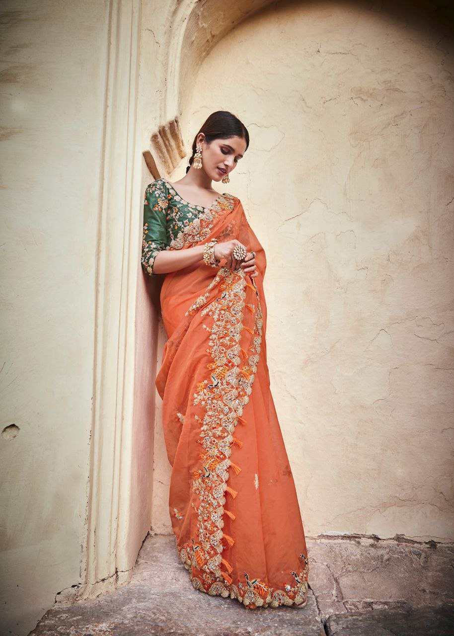 Orange Organza Saree with Real Mirror & Zari Work - ETHNICDEAL