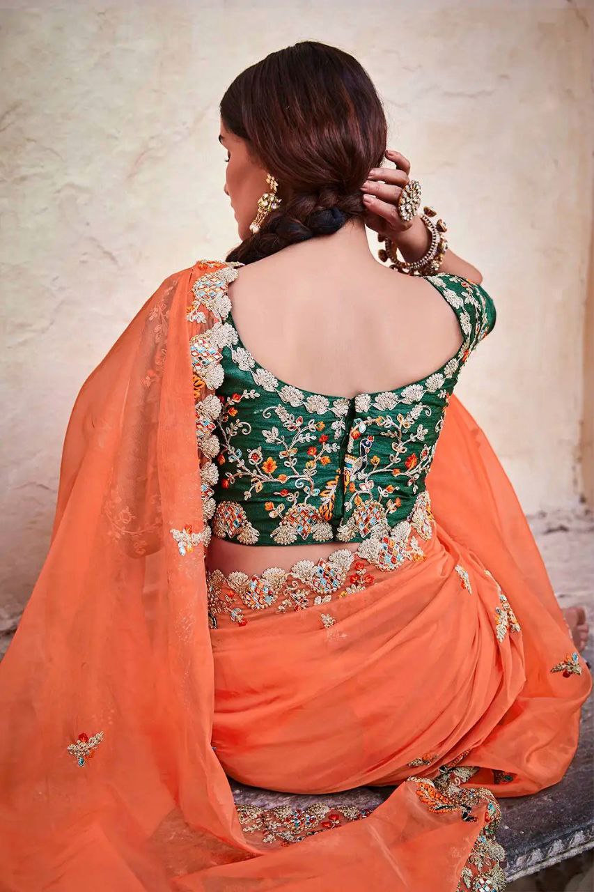 Orange Organza Saree with Real Mirror & Zari Work - ETHNICDEAL