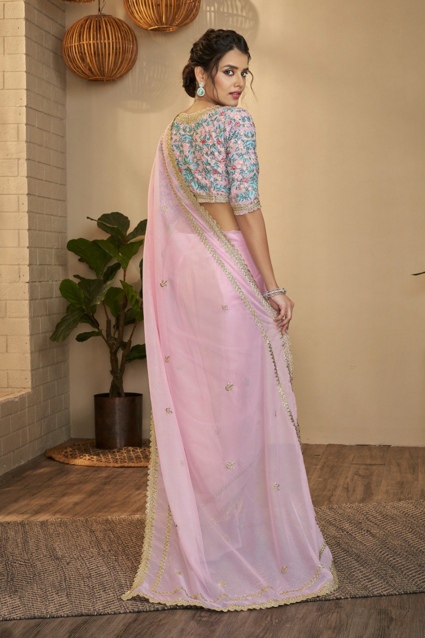 Pink Organza Saree With Resham & Zari Embroidery - ETHNICDEAL