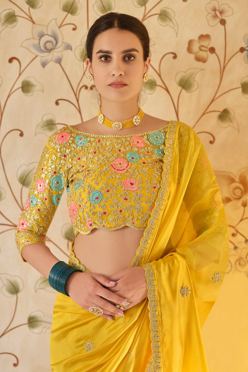 Sunshine Glow – Yellow Organza Saree With Elegant Embroidery - ETHNICDEAL