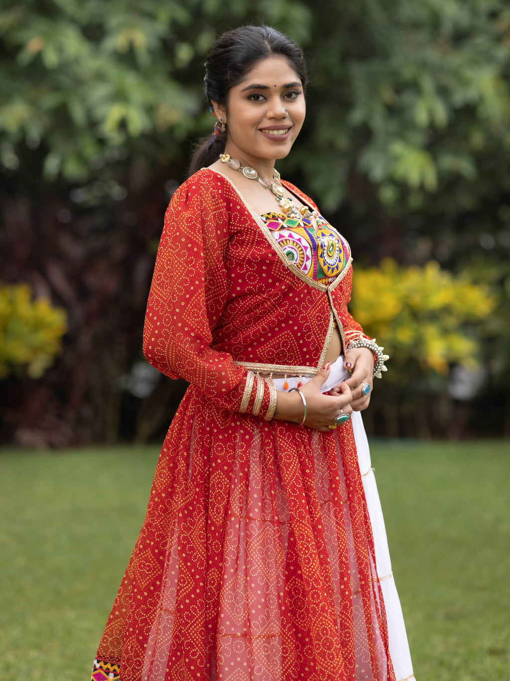 Regal White Rayon Bandhani Printed Navratri Wear Crop Top Lehenga