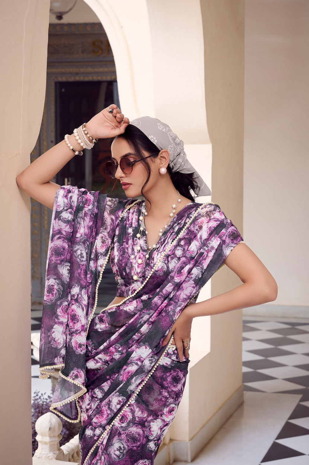 Elegant Floral Printed Saree with Pearl Lace Border - ETHNICDEAL