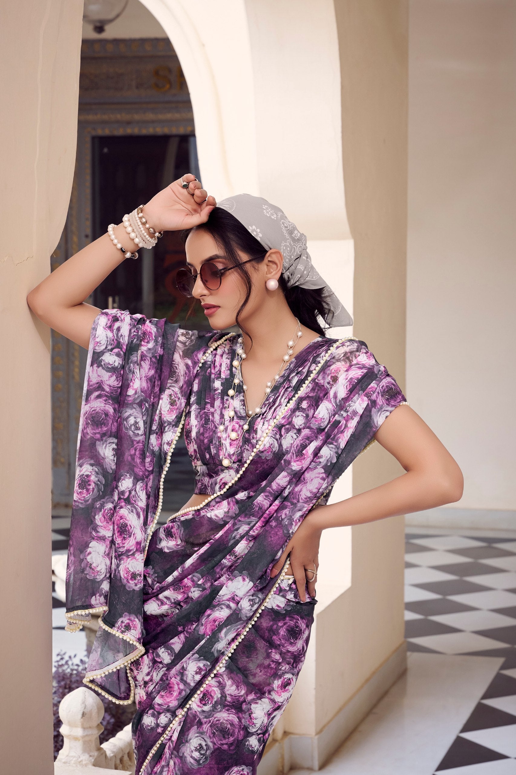 Elegant Floral Printed Saree with Pearl Lace Border - ETHNICDEAL