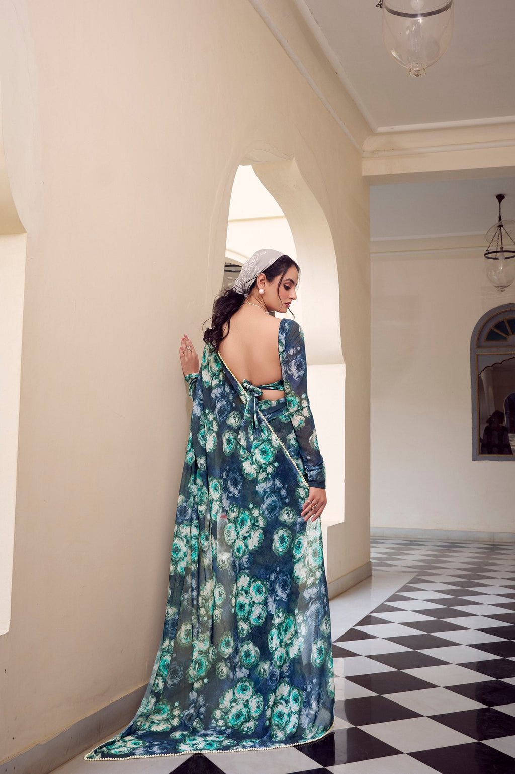 Elegant Floral Printed Saree with Pearl Lace Border - ETHNICDEAL