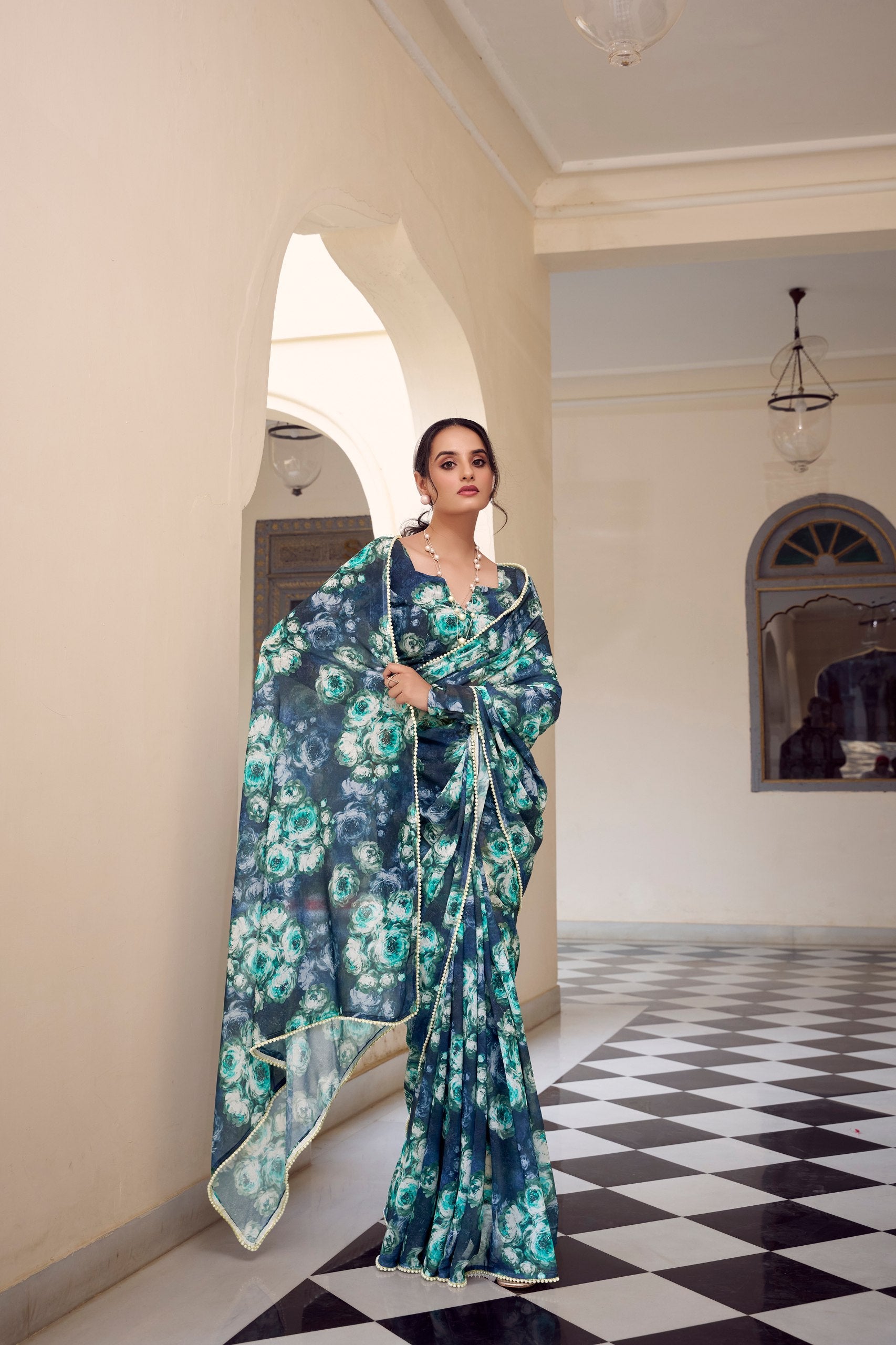 Elegant Floral Printed Saree with Pearl Lace Border - ETHNICDEAL