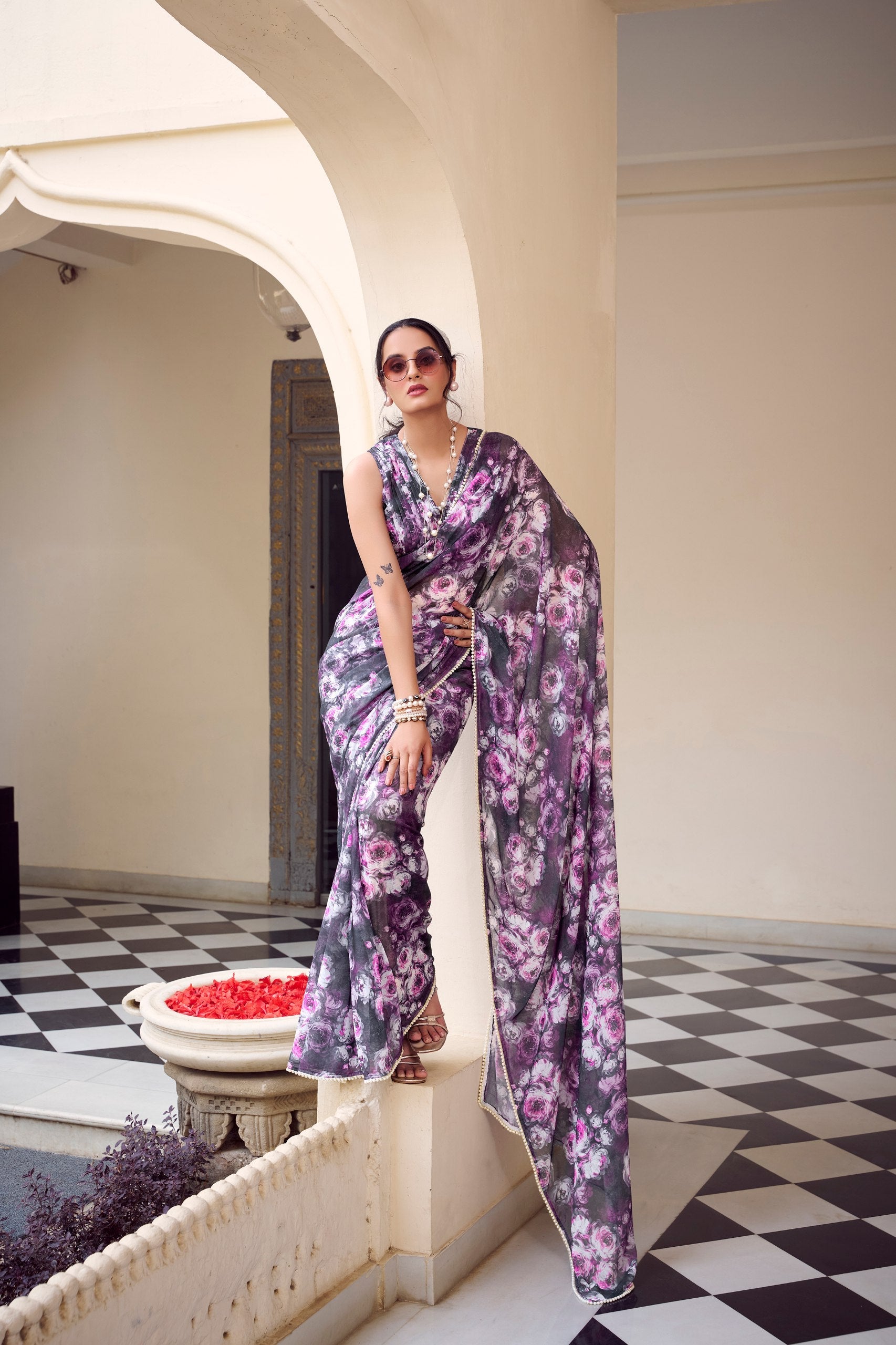 Elegant Floral Printed Saree with Pearl Lace Border - ETHNICDEAL